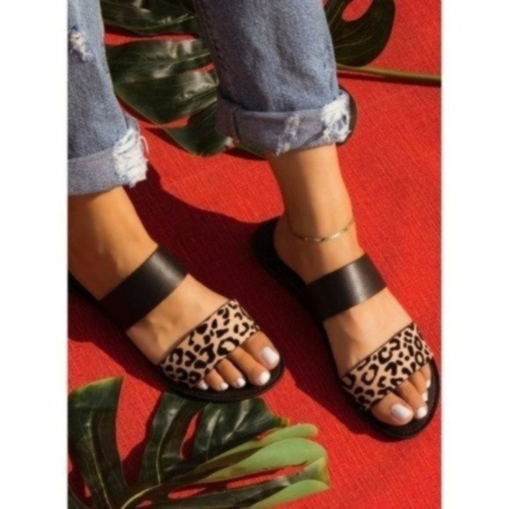 Black leopard double band slip on sandals leather - Picture 2 of 9